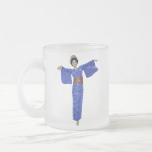 Caneca De Café Vidro Jateado Doação de Alivios do Japão - Blue Kimono Geisha Mu