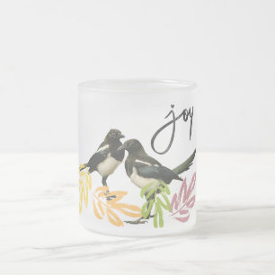 Caneca De Café Vidro Jateado "Dois pela alegria" Duas Magpies com sotaques flor