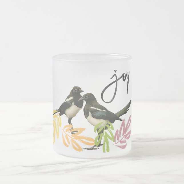 Caneca De Café Vidro Jateado "Dois pela alegria" Duas Magpies com sotaques flor (Centro)