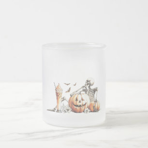 Caneca De Café Vidro Jateado Esqueleto com abóbora e bebida. Dia das Bruxas.