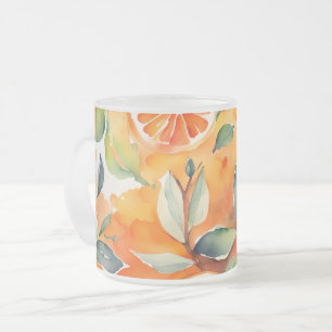 Caneca De Café Vidro Jateado Fatias de Laranja Desenho de Citrino em Aquarela F