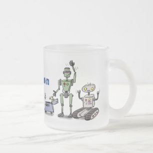 Caneca De Café Vidro Jateado Feliz desenho animado de robôs fofos