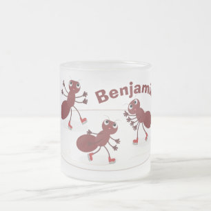 Caneca De Café Vidro Jateado Feliz desenho das formigas vermelhas