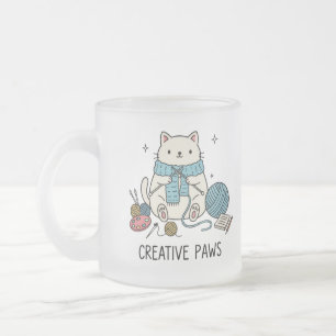 Caneca De Café Vidro Jateado Feliz Gato Branco Tricotando Fio de Lã Hobby Bebid