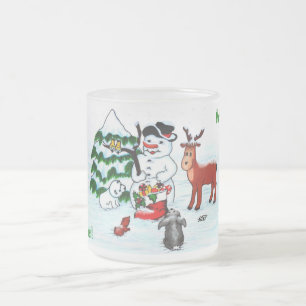 Caneca De Café Vidro Jateado Feliz Natal! Boneco de Neve com Amigos