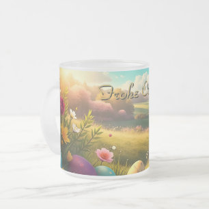 Caneca De Café Vidro Jateado Feliz Páscoa em uma paisagem de primavera