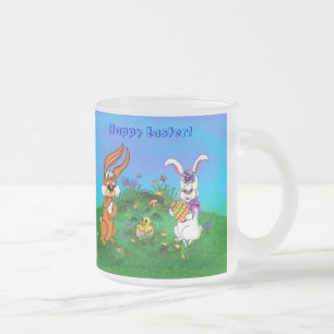 Caneca De Café Vidro Jateado Felz pascoa! Coelho com coelho e Pintinho