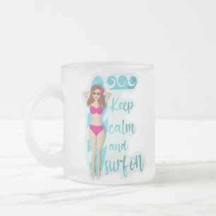 Caneca De Café Vidro Jateado Fique calma e surf com a garota morena