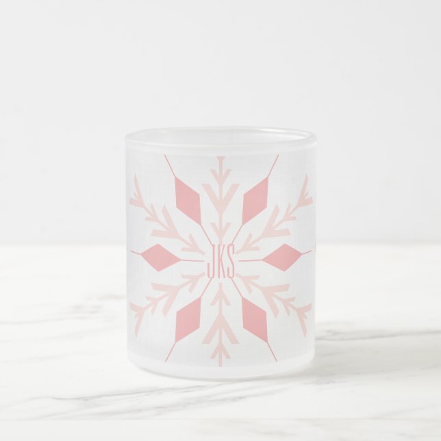 Caneca De Café Vidro Jateado Floco de neve de Natal rosa com monograma (Centro)