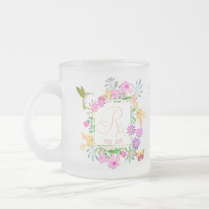 Caneca De Café Vidro Jateado Floral Garden Aqua Monograma Mug
