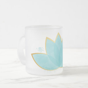 Caneca De Café Vidro Jateado Floral Lotus Watercolor Seafoam Azul e Faux Dourad