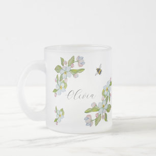 Caneca De Café Vidro Jateado Flores e abelhão de árvore de jardim de aquarelas.