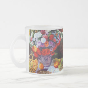 Caneca De Café Vidro Jateado Flores Monet e Frutas