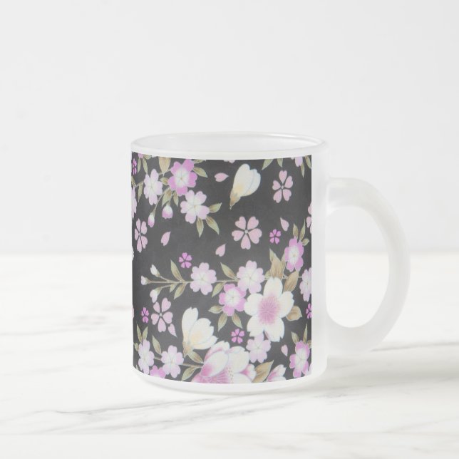 Caneca De Café Vidro Jateado Flores Rosa em Cascata Faltadas (Direita)