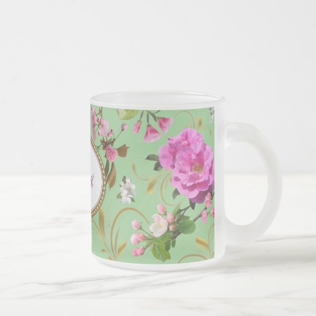 Caneca De Café Vidro Jateado Flores Rosa Monograma (Direita)