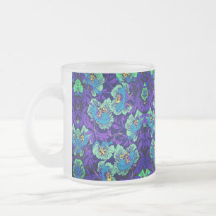 Caneca De Café Vidro Jateado Flores roxas e azuis William Morris
