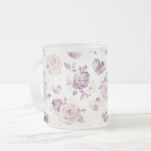 Caneca De Café Vidro Jateado Flores Roxas e Corações