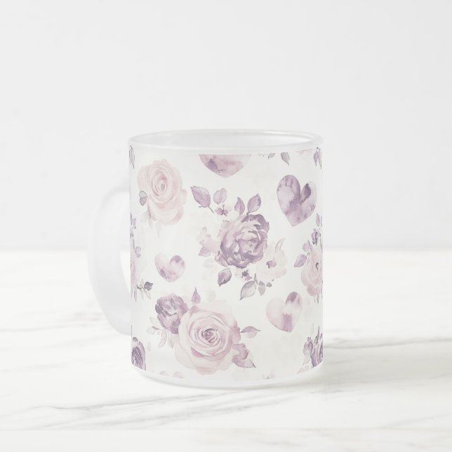 Caneca De Café Vidro Jateado Flores Roxas e Corações   (Frente Esquerda)