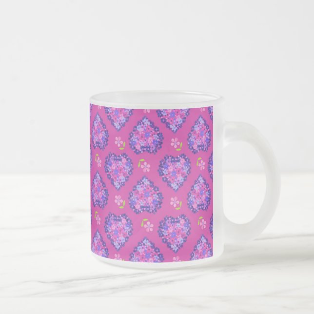 Caneca De Café Vidro Jateado Fosco, Corações Magenta e Flores (Direita)