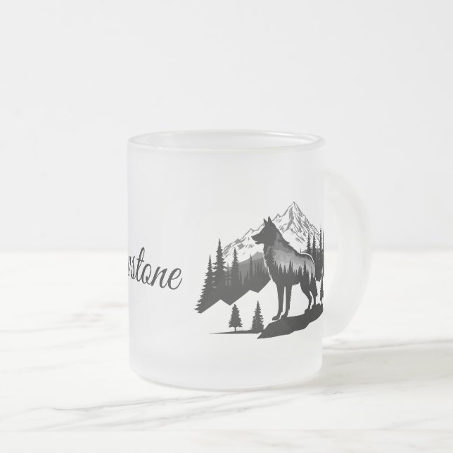 Caneca De Café Vidro Jateado Fosco Glass Mug-Yellowstone Wolf (Frente Esquerda)