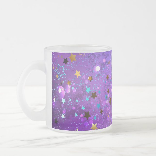 Caneca De Café Vidro Jateado Fundo de folhas roxas com estrelas (Esquerda)
