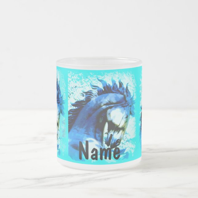 Caneca De Café Vidro Jateado garanhão de mustang azul (Centro)