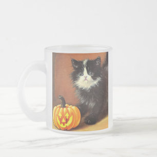 Caneca De Café Vidro Jateado Gatinho de Halloween Preto e Branco Vintage