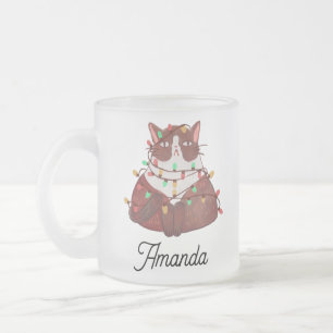 Caneca De Café Vidro Jateado Gato bonito com café de vidro fosco de natal
