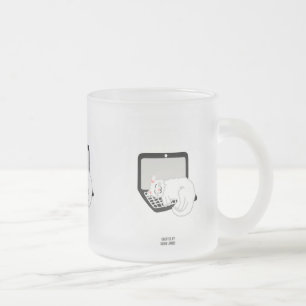 Caneca De Café Vidro Jateado Gato Branco Dormindo Na Laptop Fosco