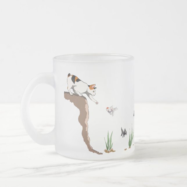 Caneca De Café Vidro Jateado Gato Pescando Fosco-Mug Translúcido (Esquerda)