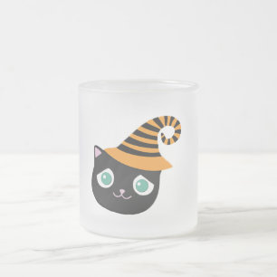 Caneca De Café Vidro Jateado Gato Preto com Olhos Tristes e Chapéu Branco