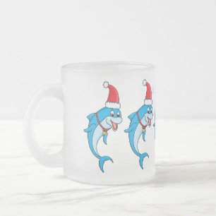 Caneca De Café Vidro Jateado Golfinho bonito com desenho animado de Papai Noel