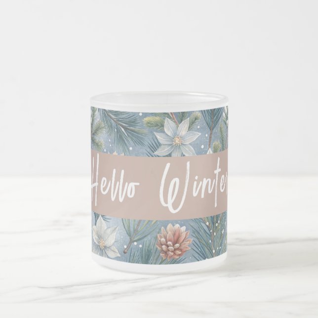 Caneca De Café Vidro Jateado Hello Winter Pines & Flowers (Centro)