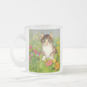 Caneca De Café Vidro Jateado Ilustração de Gato de Sorriso de Vintage
