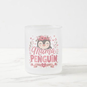 Caneca De Café Vidro Jateado Ilustração de Mãe Pinguim Floral Rosa Maternidade