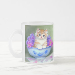 Caneca De Café Vidro Jateado Ilustração Vintage Laranja e White Kitten