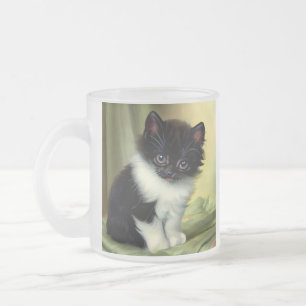 Caneca De Café Vidro Jateado Ilustração Vintage Tuxedo Kitten