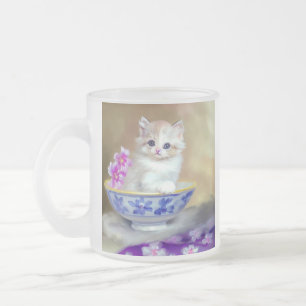Caneca De Café Vidro Jateado Ilustração Vintage White Kitten