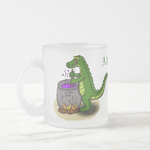 Caneca De Café Vidro Jateado Jacaré verde engraçado desenho animado cozinhando