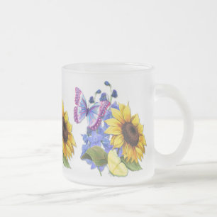 Caneca De Café Vidro Jateado Jardim de Girassol da Borboleta