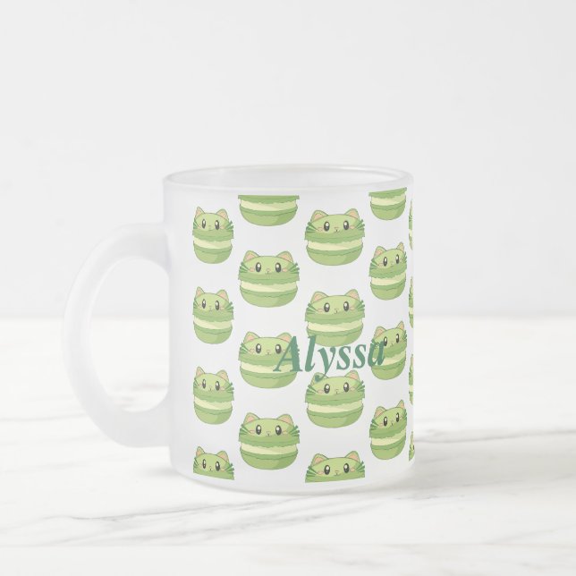 Caneca De Café Vidro Jateado Kitty Cat Matcha Macaron (Esquerda)