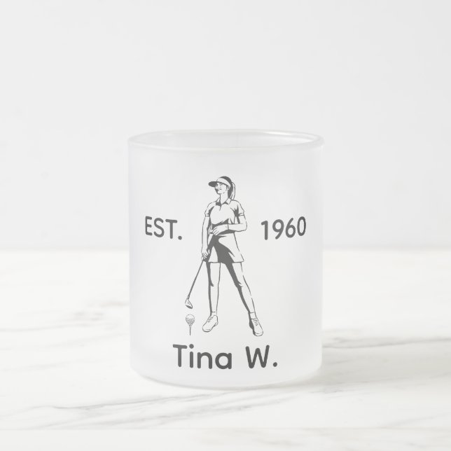 Caneca De Café Vidro Jateado Lady Golfer Nome personalizado e ano (Centro)