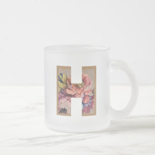 Caneca De Café Vidro Jateado Letra Inicial Floral Rústica Monograma H