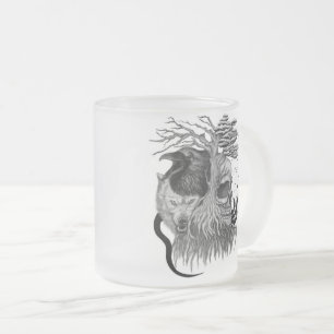 Caneca De Café Vidro Jateado Lobo e Raven com crânio