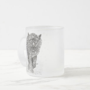Caneca De Café Vidro Jateado Lobo Negro Zangado na Neve, inverno selvagem