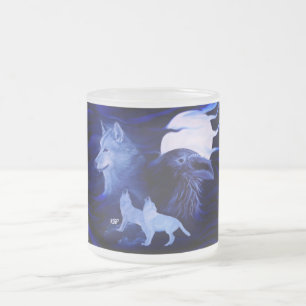 Caneca De Café Vidro Jateado Lobos e Raven com lua de cheio