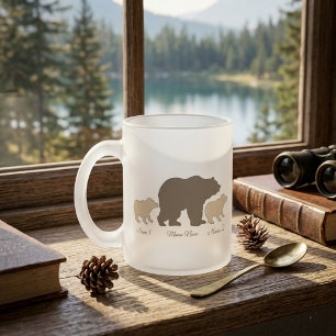 Caneca De Café Vidro Jateado Mama Urso Personalizada Com 2 Nomes de Filhos Pres