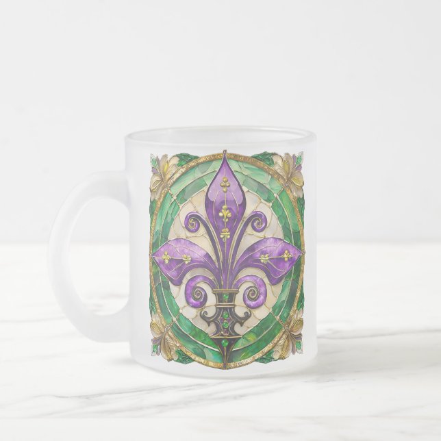 Caneca De Café Vidro Jateado Mardi Gras StainGlass Fleur de lis (Esquerda)