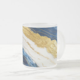 Caneca De Café Vidro Jateado Marinho Luxurioso Azul e Dourado Mármaco Folha