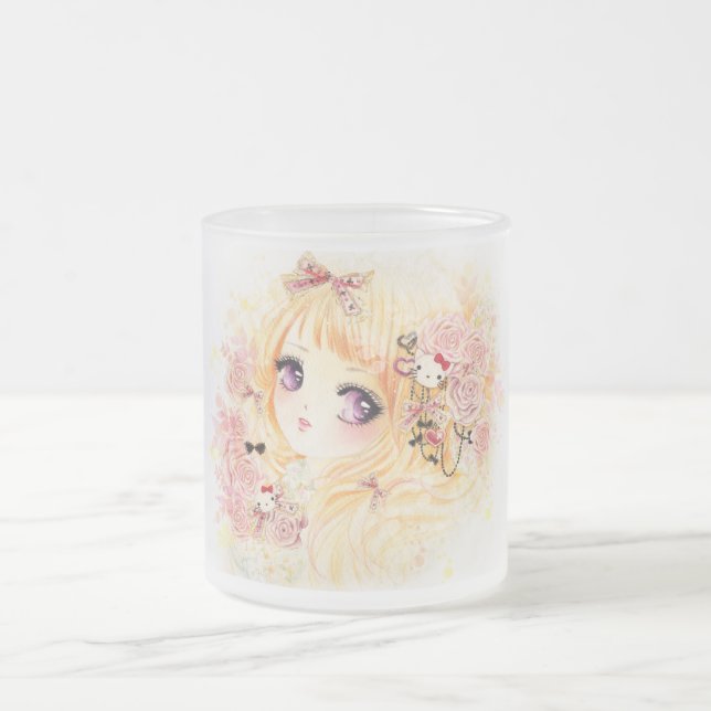 Caneca De Café Vidro Jateado Menina loura bonita com rosas (Centro)